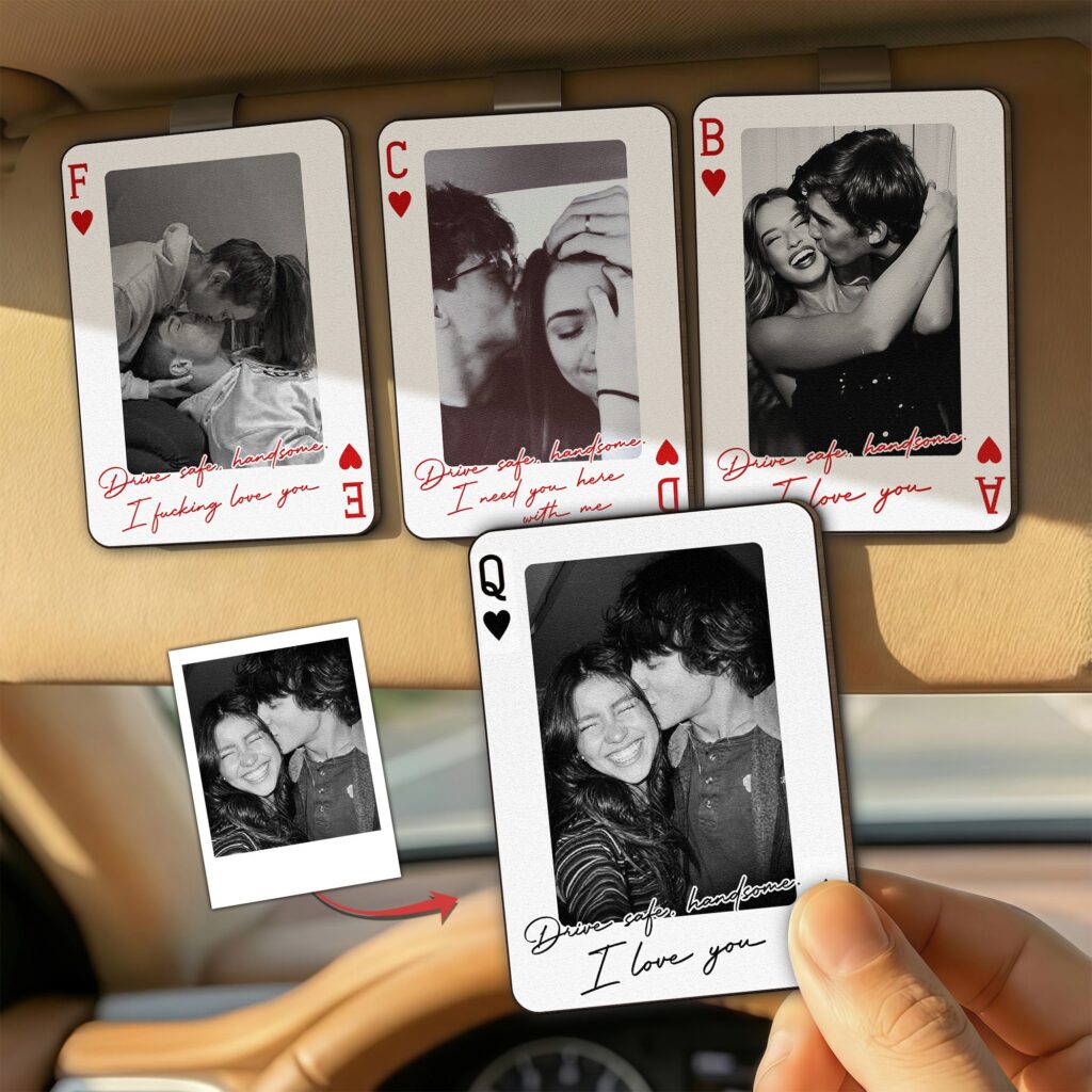 Personalized Wooden Photo Car Visor Clip - King & Queen Custom Couples Photo Drive Safe I Love You We're A Perfect Pair