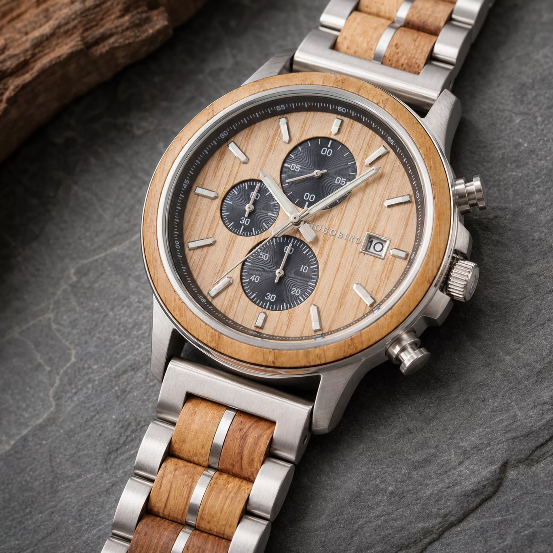 Canopy Oak and Steel Chronograph Watch styled with natural textures
