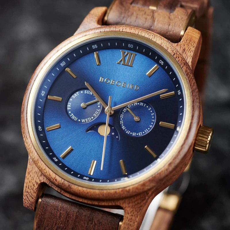 BOBO BIRD Men's Wooden Watches Classic Moonphase Movement Kosso Wood Blue Dial Sailor_6